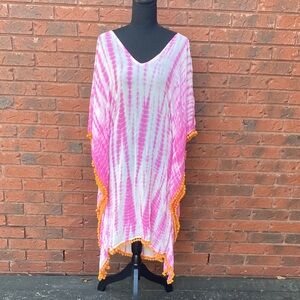 NWT Debbie Katz Pink Silk Tie-Dye Coverup with Orange Pom Trim S